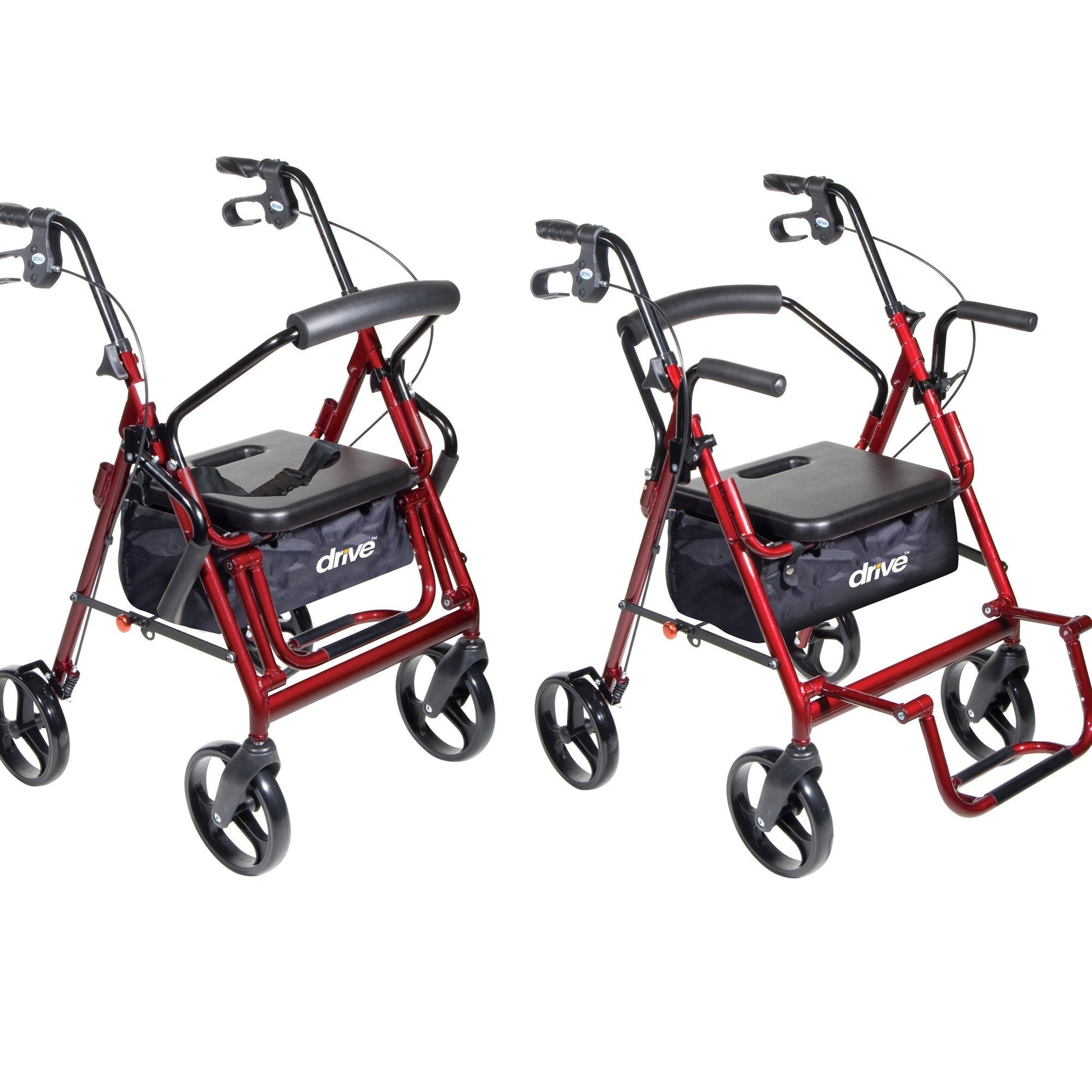 Red transport chair/rollator in two views: black seat, armrests, and caster wheels