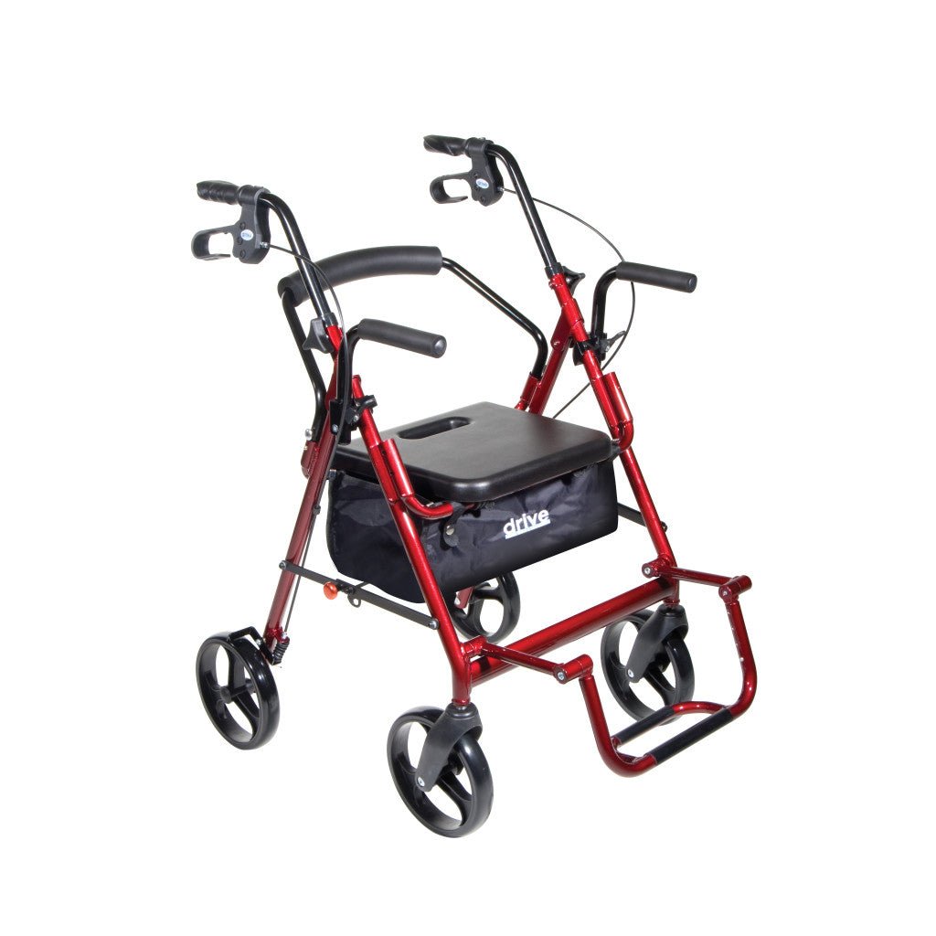 Red rollator with black padded seat and backrest, curved handlebar, and caster wheels