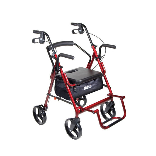 Red rollator with black padded seat and backrest, curved handlebar, and caster wheels