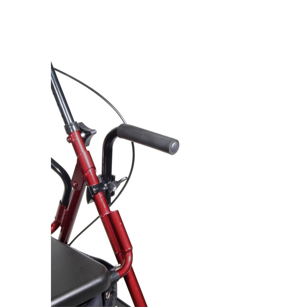 Side view detail: red rollator handlebar with curved cable and black arm pad
