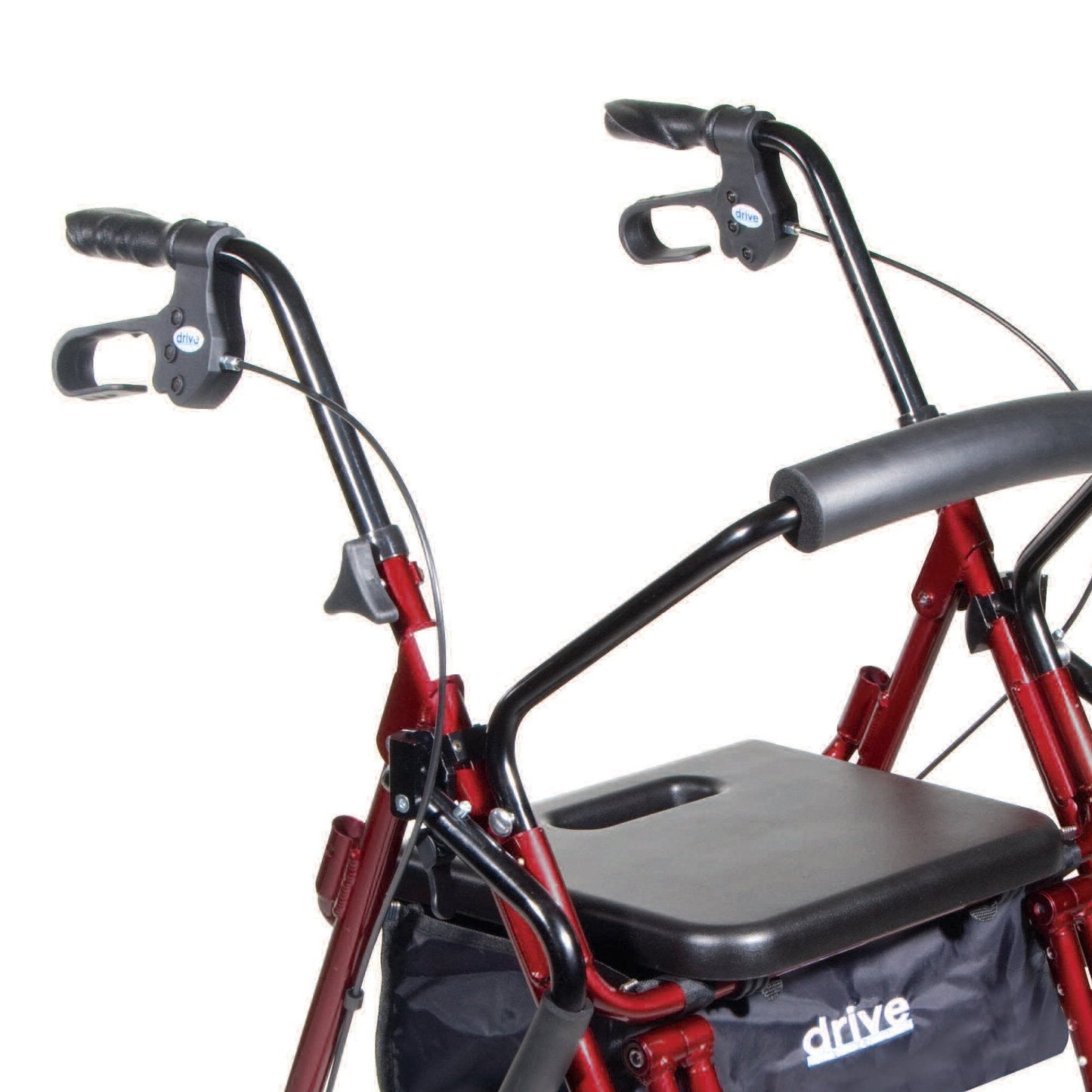 Red rollator/transport chair close-up: black padded seat, curved handles, and storage pouch