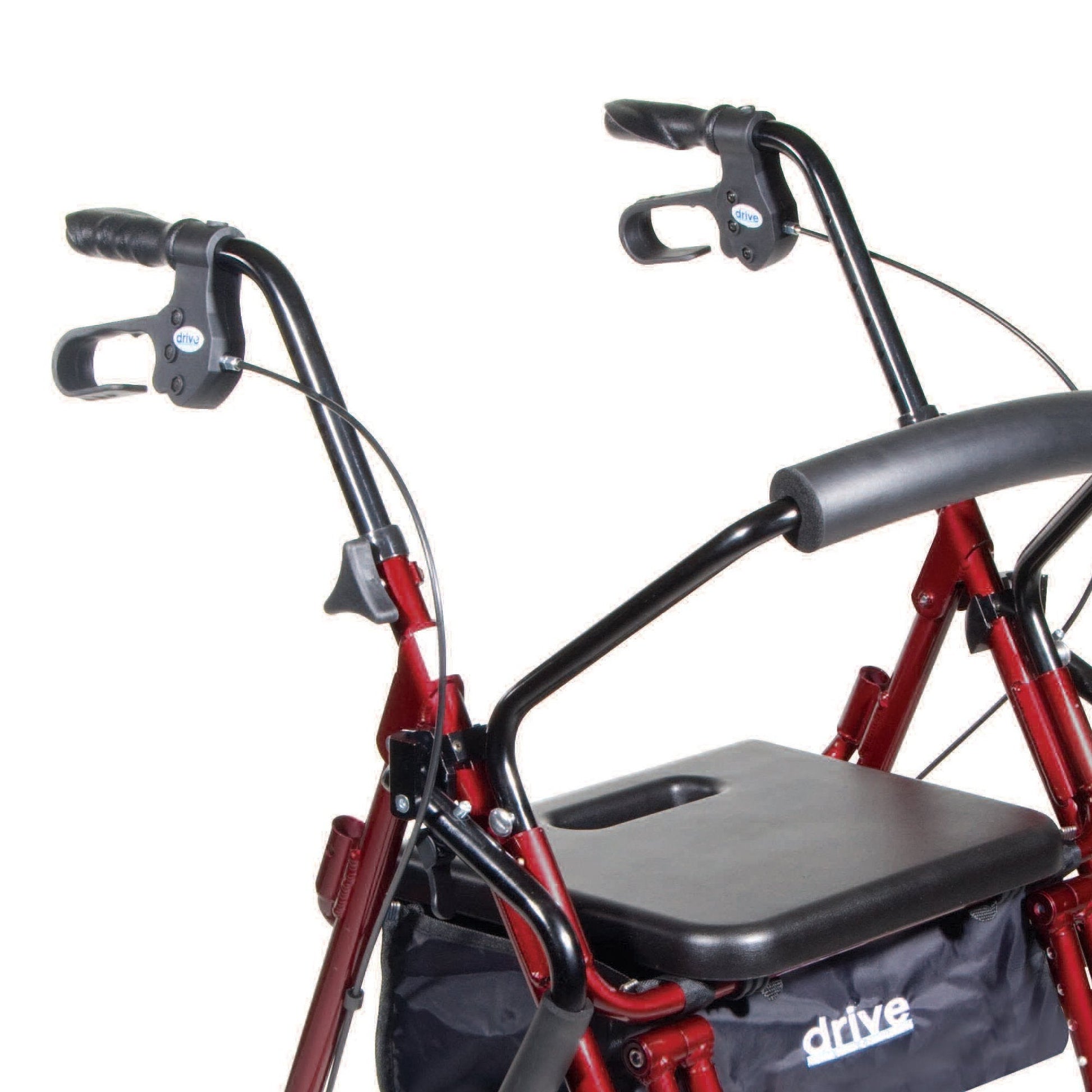 Red rollator/transport chair close-up: black padded seat, curved handles, and storage pouch