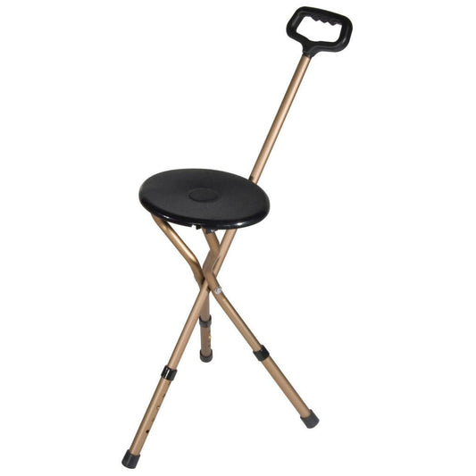 Foldable adjustable tripod cane seat with round black padded seat and curved handle