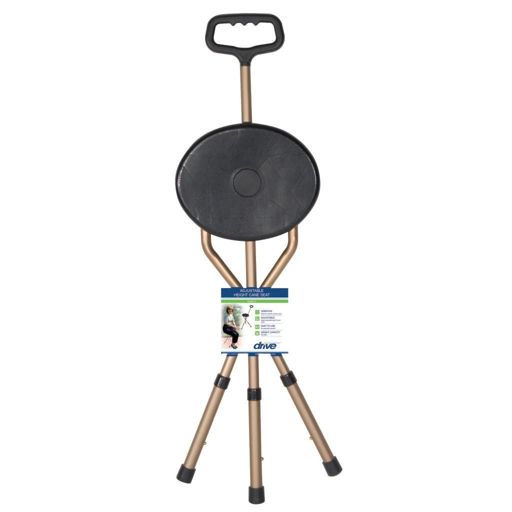 Round black seat adjustable height cane with handle and tripod base