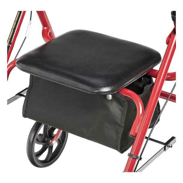 Red rollator walker with black seat cushion and front storage pouch attached to frame.