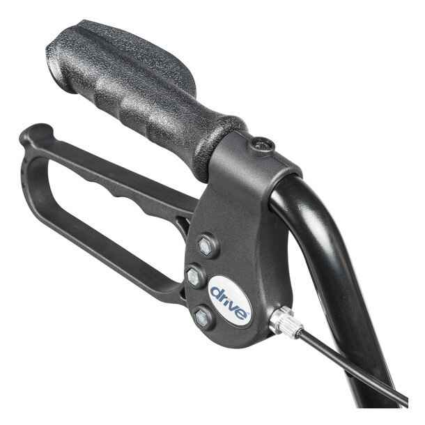 Black rollator hand control lever with textured grip and folding mechanism hardware.