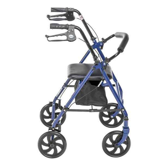 Blue rollator walker with armrests, four wheels, and under-seat storage pouch.