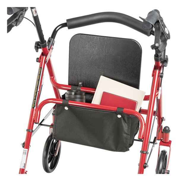 Red four-wheel rollator walker with black seat, removable fold-up back support, storage pouch.