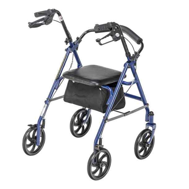 Blue rollator walker with black seat cushion, front wheels, and detachable storage bag.