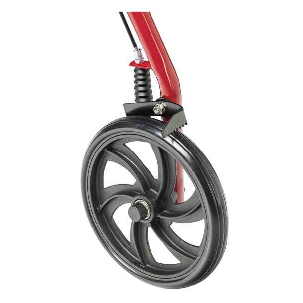 Red rollator front wheel with black tire, spring suspension, and fork assembly.