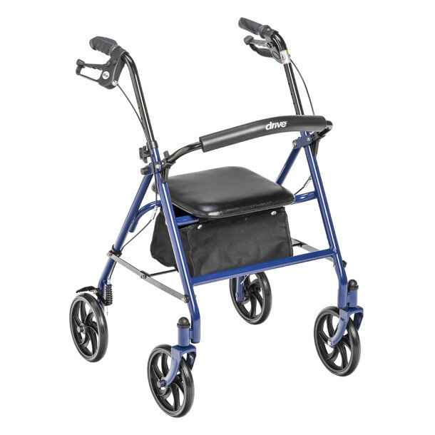 Blue four-wheel rollator walker with black seat and removable fold-up back support.