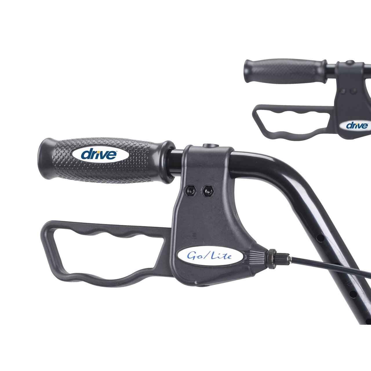 Go-Lite rollator handle detail with black grips and brake controls.