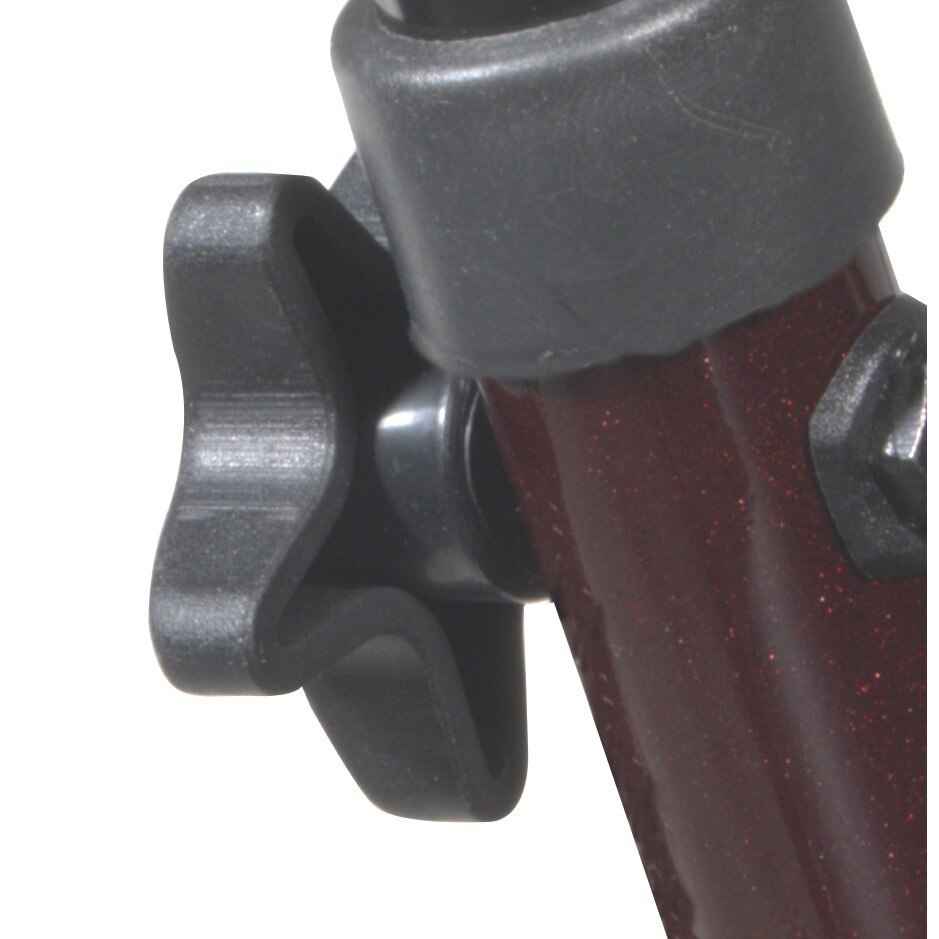 Red rollator front wheel and frame corner with gray wheel hub.