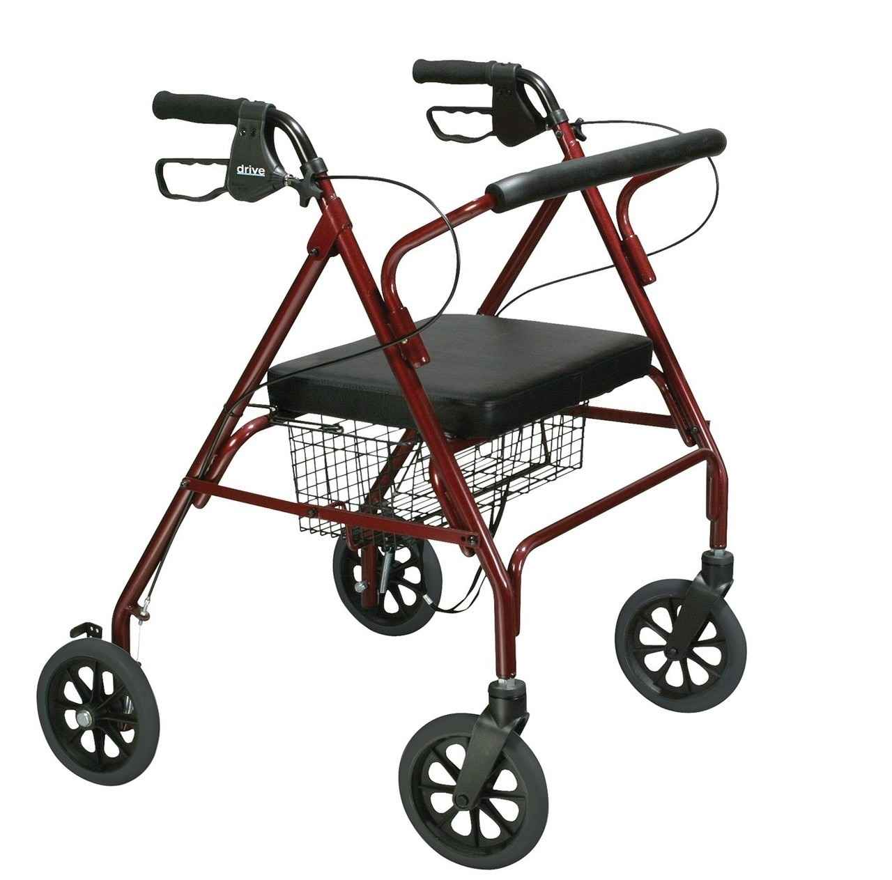 Bariatric steel rollator with red frame, padded seat, and front basket.
