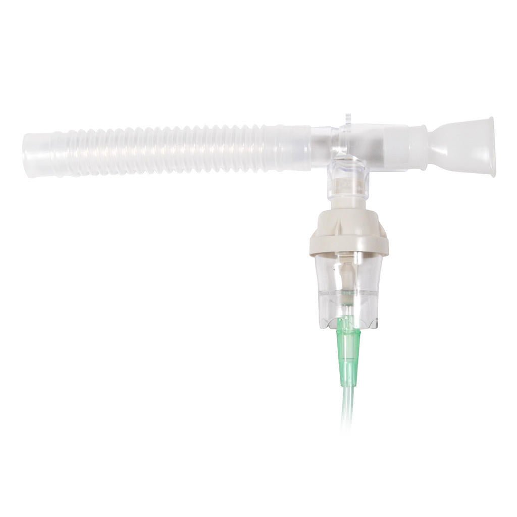 Handheld nebulizer kit mouthpiece with small medication cup and green liquid