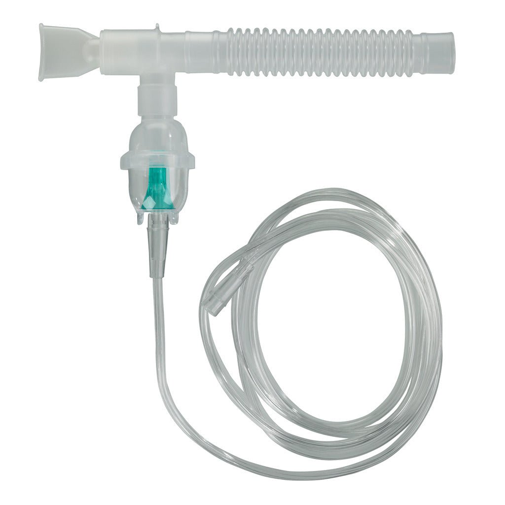 Handheld nebulizer kit with medication cup, mouthpiece, and clear tubing
