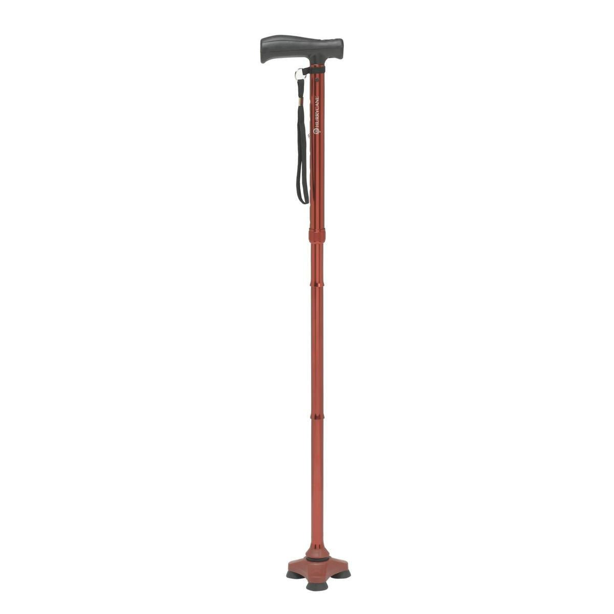 Red folding cane with padded handle, wrist strap, and rubber foot