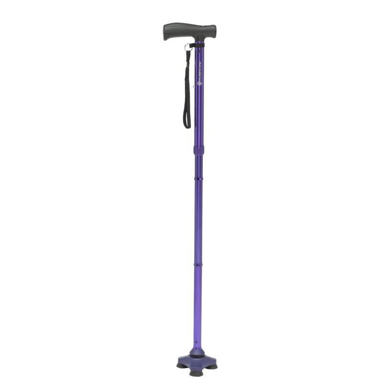 Purple folding cane with padded handle, wrist strap, and rubber foot