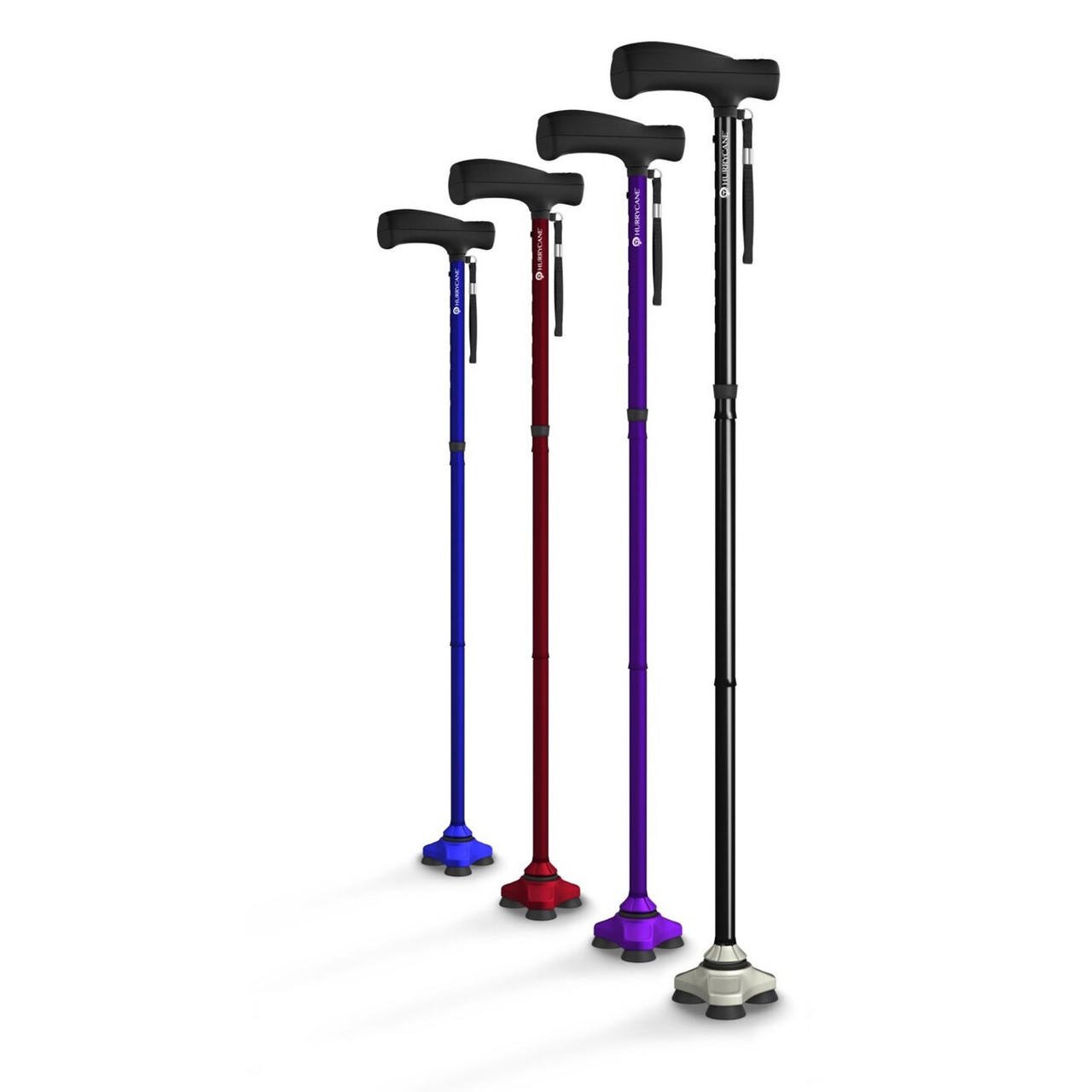 Folding cane set with black, blue, red, and purple shafts; padded curved handles