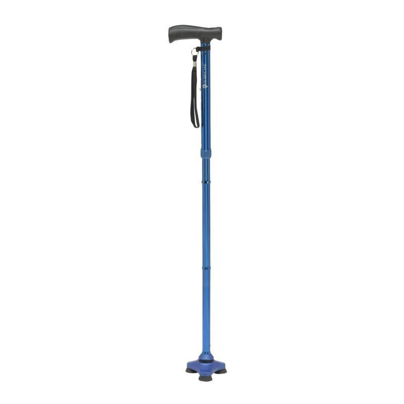 Blue folding cane with padded handle, wrist strap, and rubber foot