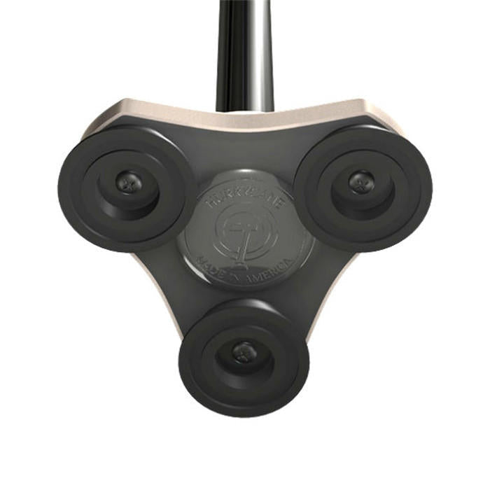 Folding cane quad-style base with central hub and anti-slip rubber feet