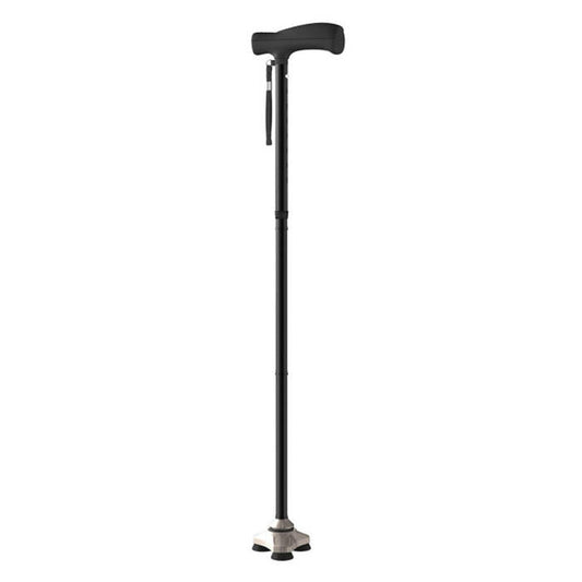 Black folding cane with padded curved handle, wrist strap, and rubber foot