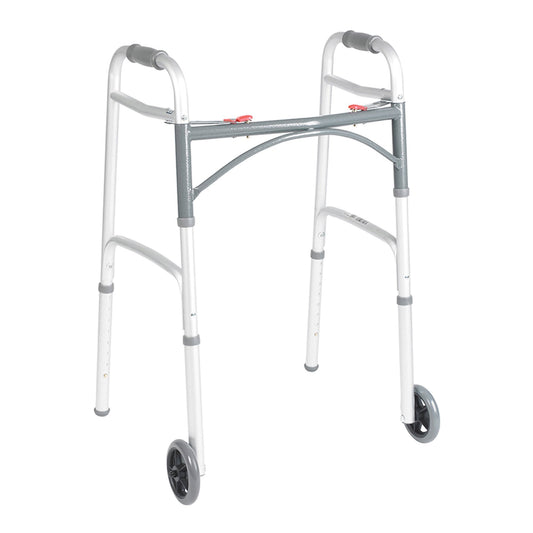 Junior folding walker with wheels, aluminum frame and handgrips