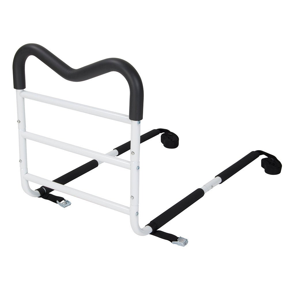Bed assist handle with black padded grip and white metal frame for home bed rails
