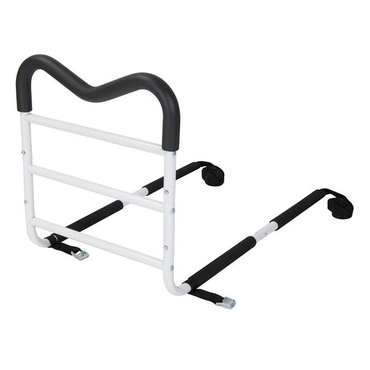 Bed assist handle with black padded grip and white metal frame for home bed rails