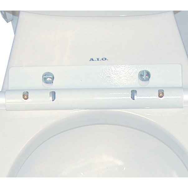 Toilet safety frame locking/hinge hardware on crossbar above toilet opening, light gray