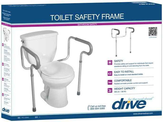 Toilet safety frame on retail box, showing U-shaped armrests and sturdy legs