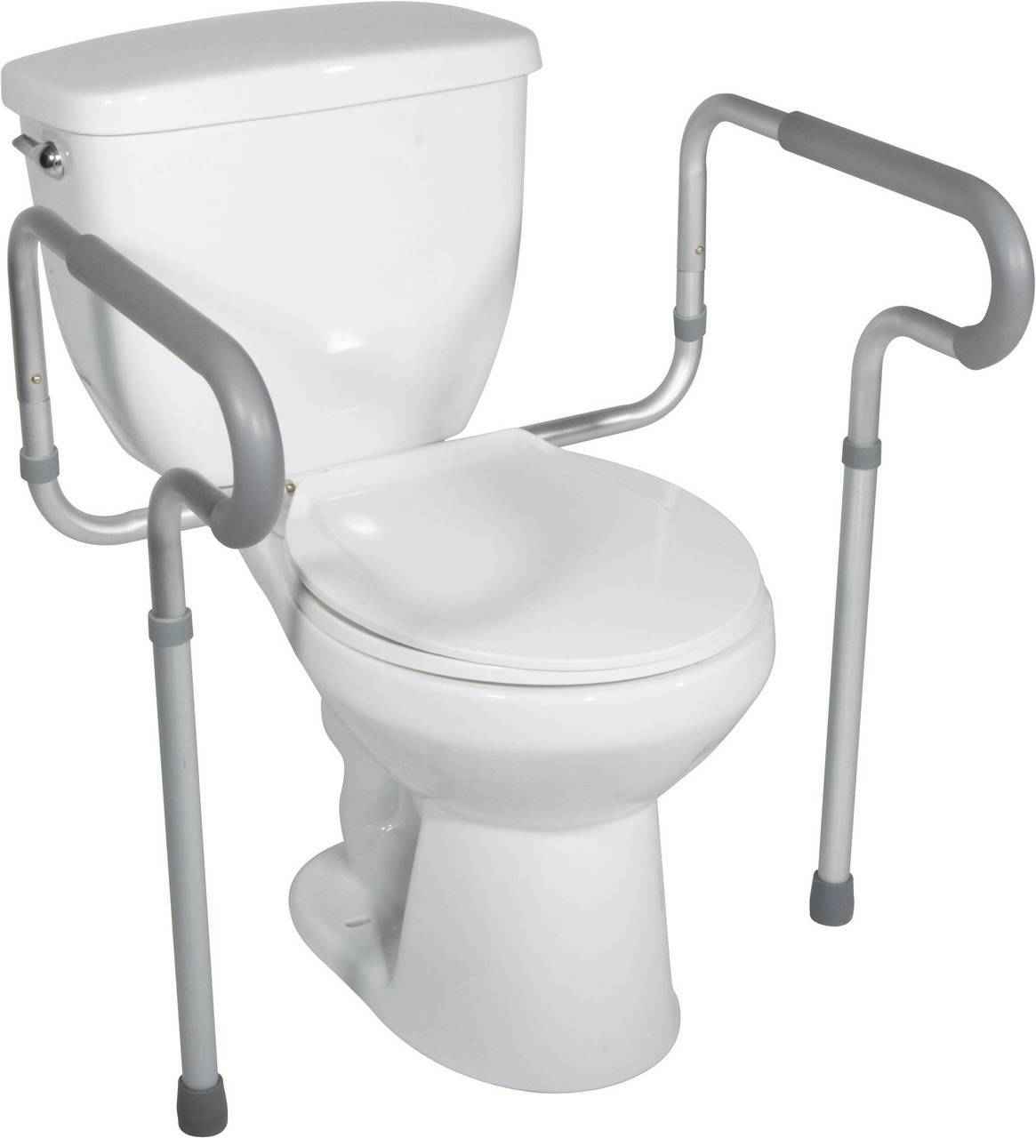 Toilet safety frame with padded side rails and height-adjustable legs, light gray
