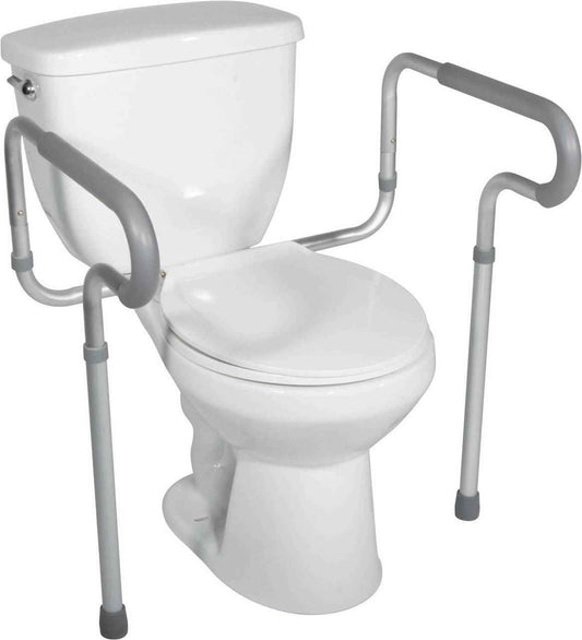 Toilet safety frame with padded side rails and height-adjustable legs, light gray