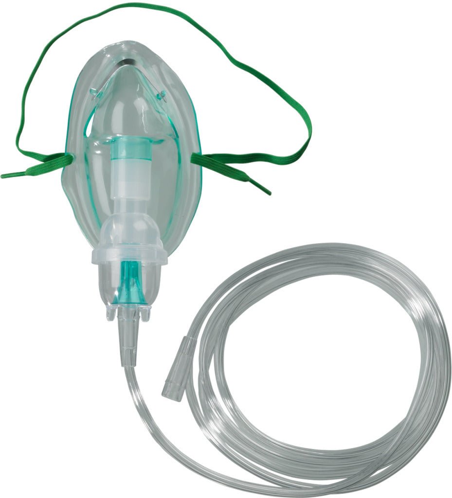 Adult nebulizer mask with small volume medication cup and clear tubing with green strap