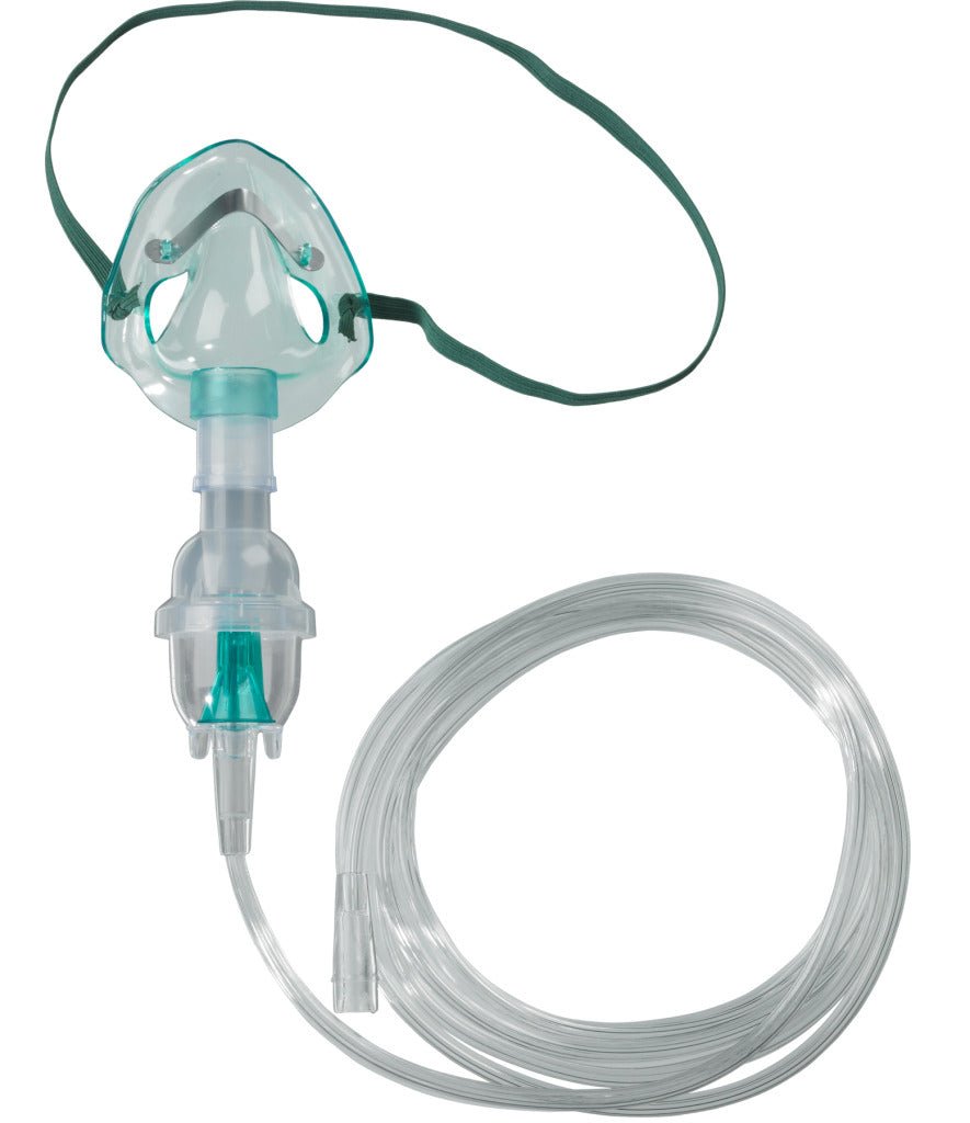 Pediatric nebulizer mask with attached tubing and small medication cup, green accents