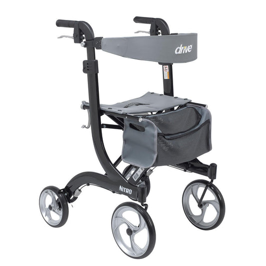Black 4-wheel rollator with padded seat, mesh back, and front storage pouch