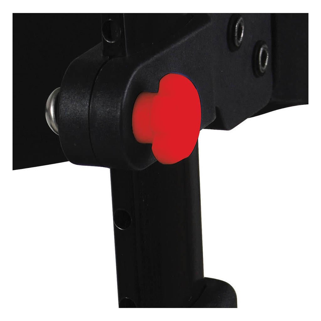 Close-up of rollator wheel base joint with red center cap and black housing