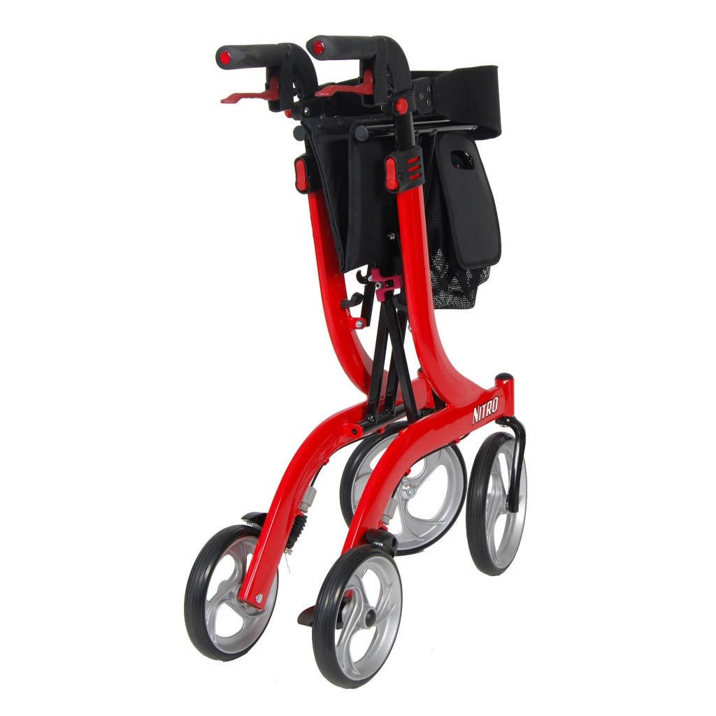 Red 4-wheel rollator angled view with black backrest, seat, and side storage pockets