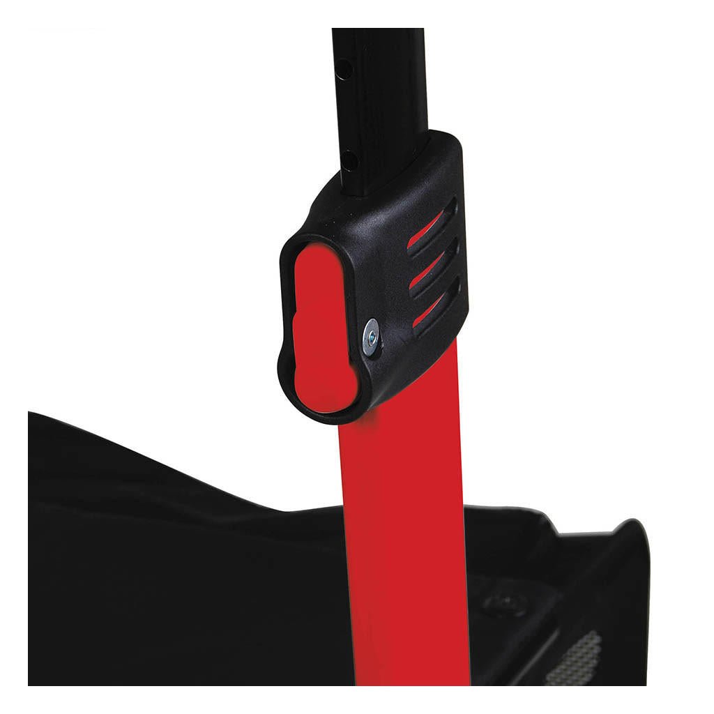 Close-up of black wheel housing on red rollator frame and black seat edge