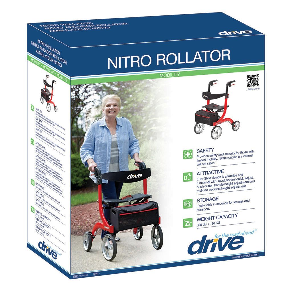 Nitro rollator product box packaging showing red 4-wheel rollator with black seat