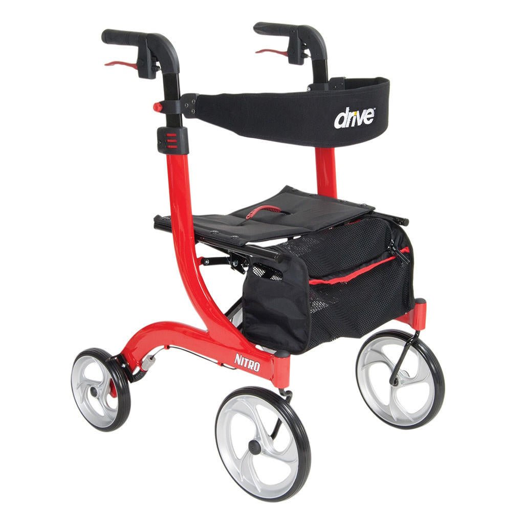Red 4-wheel rollator with black seat, black storage bag, and contoured hand grips