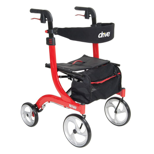 Red 4-wheel rollator with black seat, black storage bag, and contoured hand grips