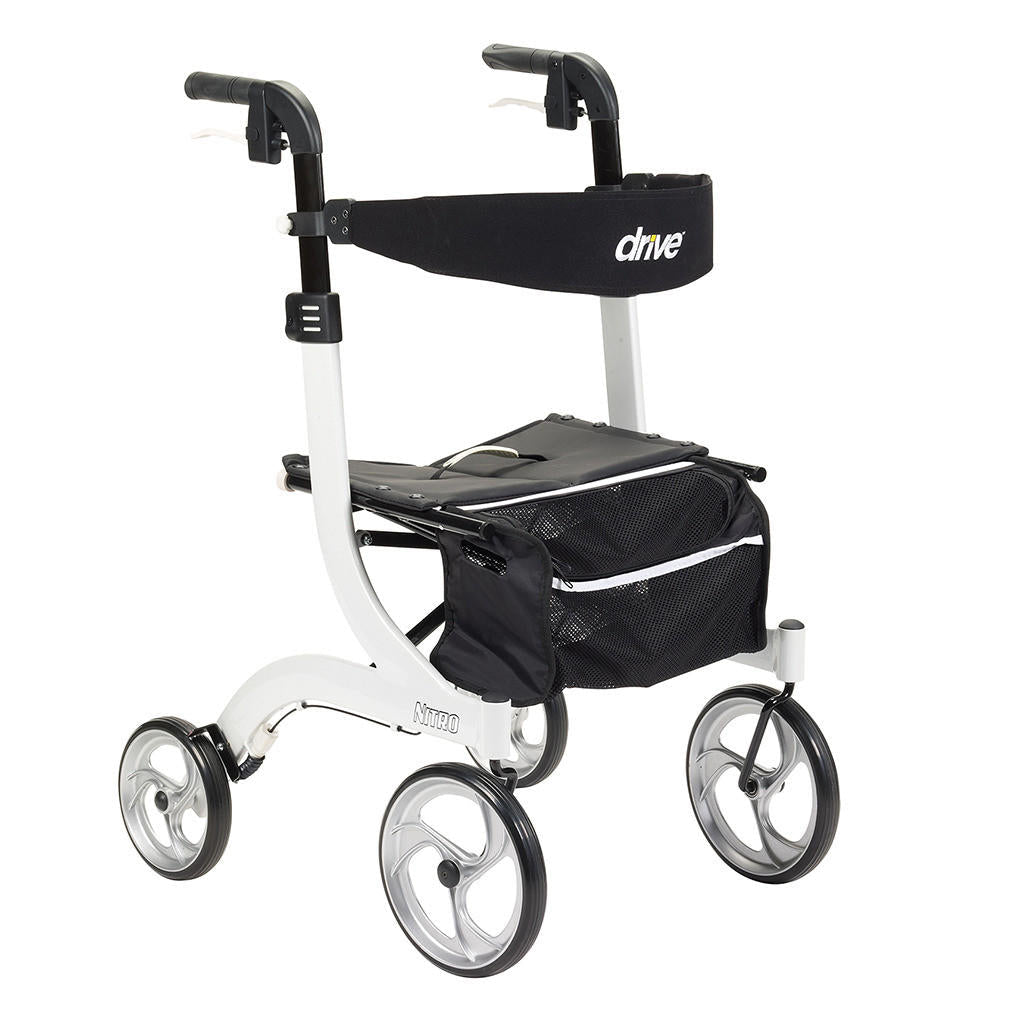 White 4-wheel rollator with front storage bag, curved handle grips, Nitro logo