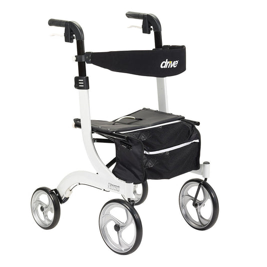 White 4-wheel rollator with front storage bag, curved handle grips, Nitro logo