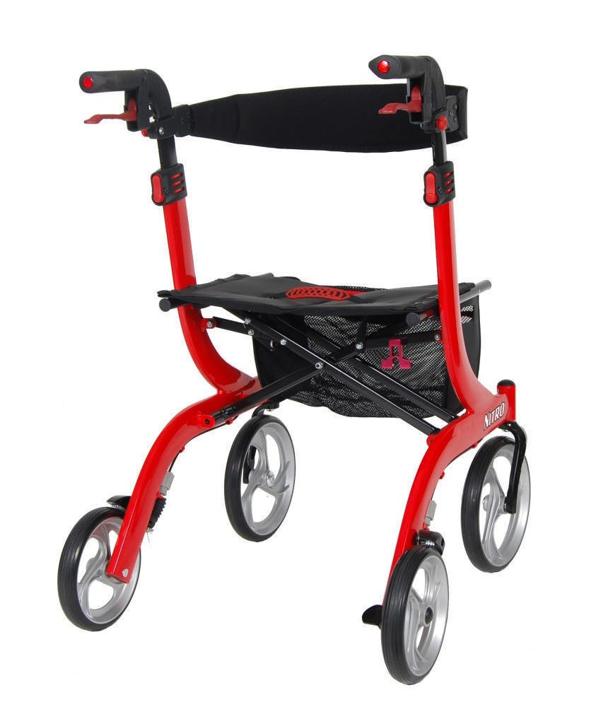 Red 4-wheel rollator with black seat and mesh back, padded handle supports