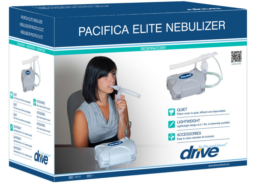 Pacifica Elite Nebulizer kit box with respiratory device and accessories shown