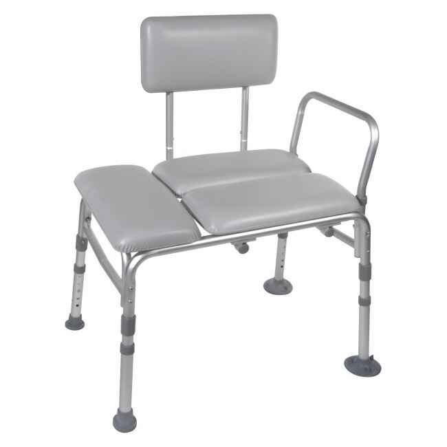 Padded transfer bench with backrest and armrests, light gray, adjustable height legs
