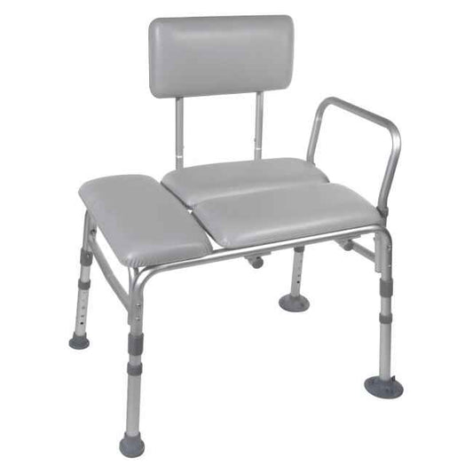 Padded transfer bench with backrest and armrests, light gray, adjustable height legs