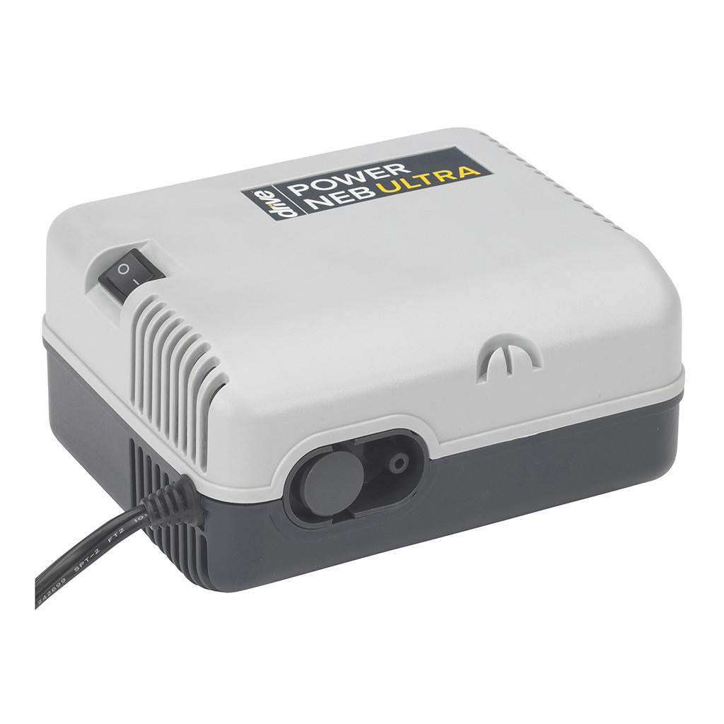 Power Neb Ultra nebulizer compressor, white top and dark base, power switch visible