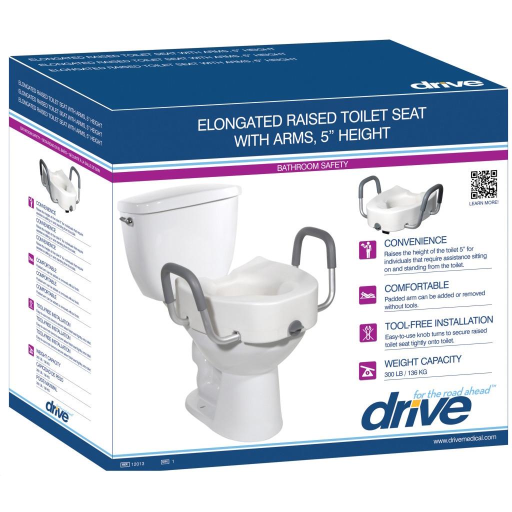 Elongated raised toilet seat with two armrests and locking mechanism